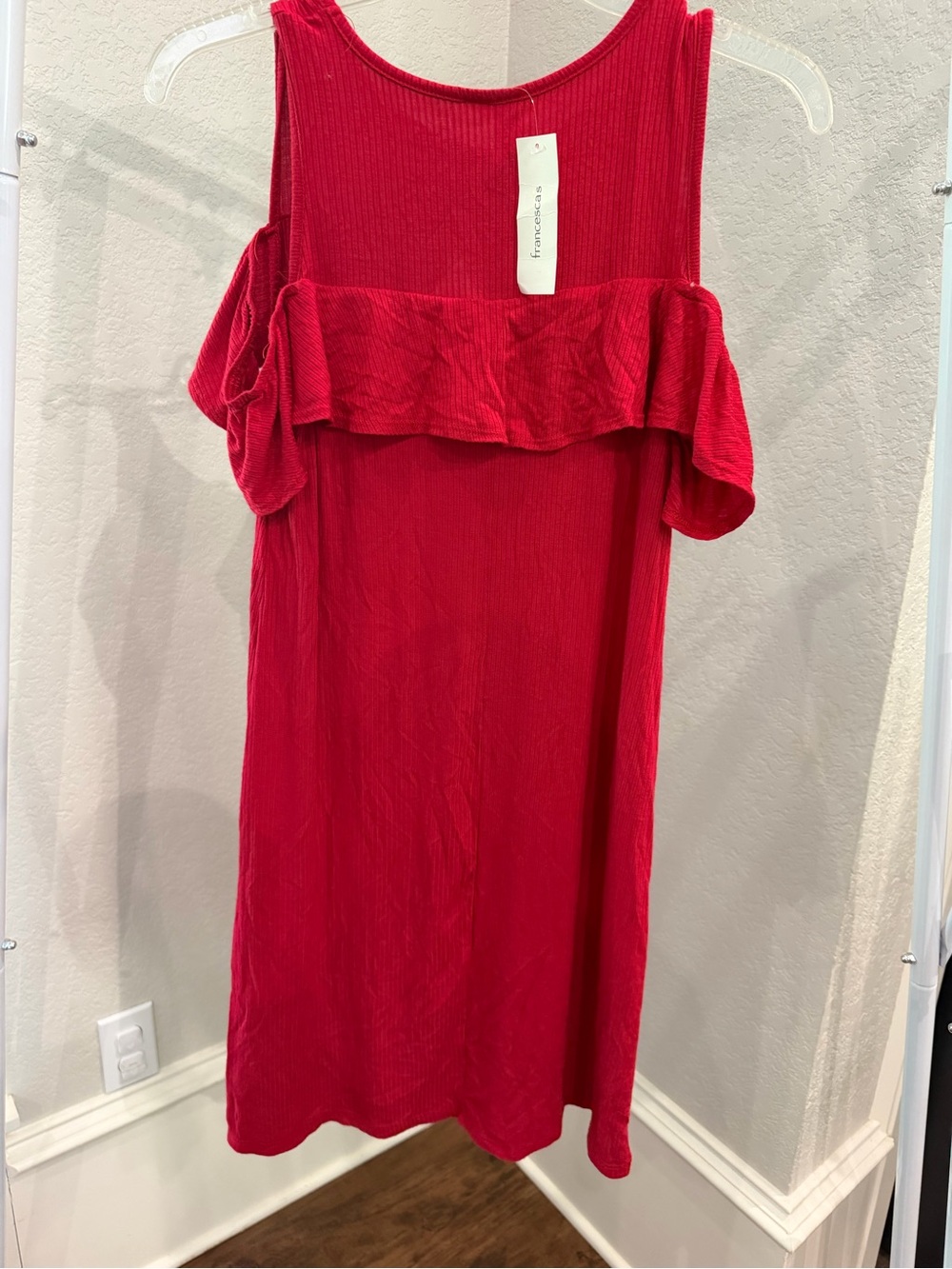 Francesca's Collections Red Cold-Shoulder Ruffle Shift Dress - Picture 2 of 3